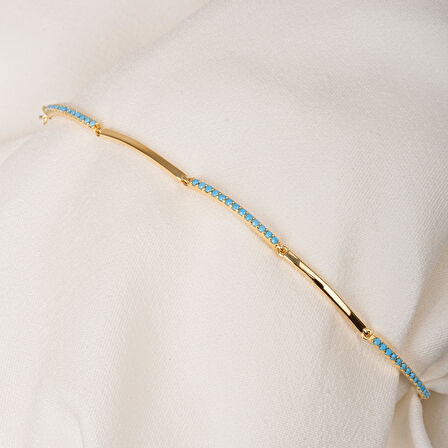 Altın Bileklik - Sıra Firuze (Turkuaz) Taşlı Modern Tasarım Şık 14 Ayar Altın Bileklik