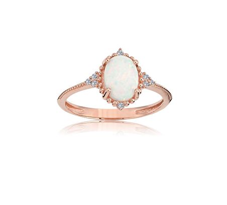 Beyaz Oval Taşlı Prenses Altın Yüzük-Opal Taşlı Prenses Tasarım Yüzük-Hediye Altın Yüzük