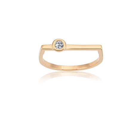 Ufuk Çizgisi Şans Totemi İnce Minimal Tasarım 0,20 CT Signity Swarovski Taşlı 14 Ayar Altın Yüzük