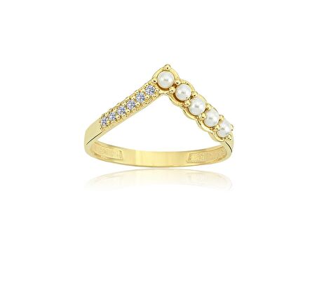 V Minimal İncili Tasarım 14 Ayar Eklem Yüzüğü-İncili 14 Ayar Altın Yüzük-Hediye Altın Yüzük