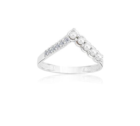 V Minimal İncili Tasarım 14 Ayar Eklem Yüzüğü-İncili 14 Ayar Altın Yüzük-Hediye Altın Yüzük