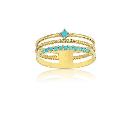 Akordiyon Desenli Burma Telli Sıralı Firuze Taşlı Eklem Yüzüğü-14 Ayar Altın Hediye Alyans Yüzük