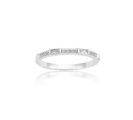 0,10CT Baget 0,18CT Pırlanta(Signity Swarovski)Taşlı Sıralı 925 Ayar Gümüş Alyans-Hediye Gümüş Yüzük