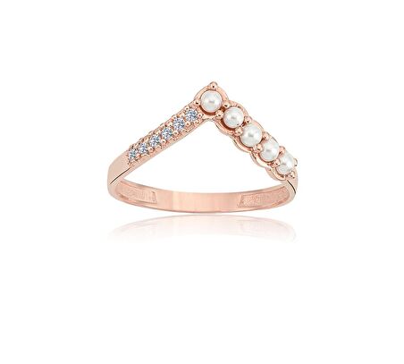 V Minimal İncili Tasarım 925 Ayar Eklem Yüzüğü-İncili 925 Ayar Gümüş Yüzük-Hediye Gümüş Yüzük