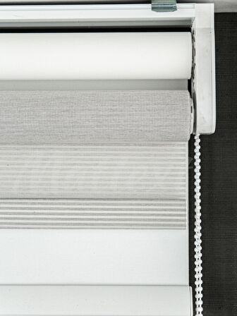 İkili Perde  Ön Gri Çizgili Tül Stor Arka Beyaz Stor