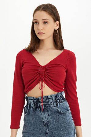 Sherin Kadın Kırmızı Bağcıklı Crop Triko Bluz SWK4354KR