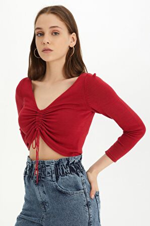 Sherin Kadın Kırmızı Bağcıklı Crop Triko Bluz SWK4354KR