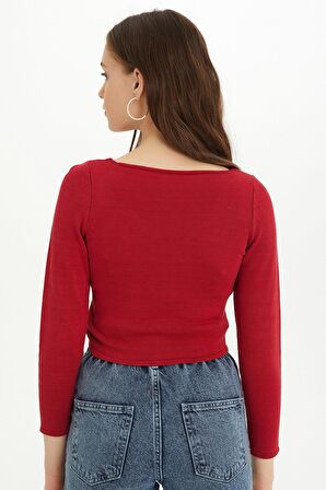 Sherin Kadın Kırmızı Bağcıklı Crop Triko Bluz SWK4354KR