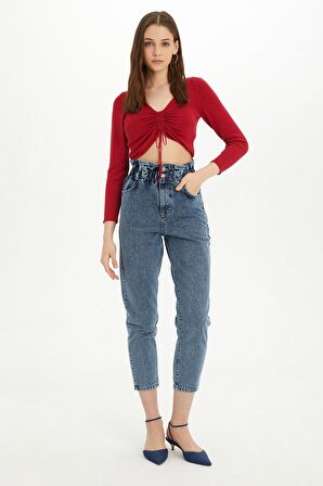 Sherin Kadın Kırmızı Bağcıklı Crop Triko Bluz SWK4354KR