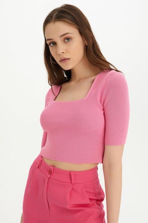 Sherin Kadın Pembe Kare Yaka Triko Crop SWK4384PE