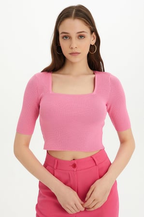 Sherin Kadın Pembe Kare Yaka Triko Crop SWK4384PE