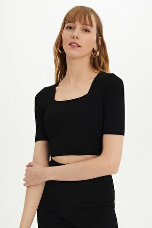 Sherin Kadın Siyah Kare Yaka Triko Crop SWK4384Sİ
