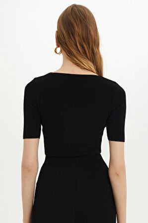 Sherin Kadın Siyah Kare Yaka Triko Crop SWK4384Sİ