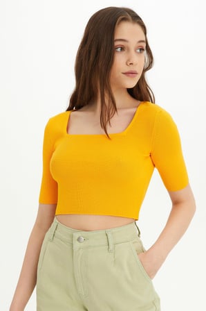 Sherin Kadın Sarı Kare Yaka Triko Crop SWK4384SR