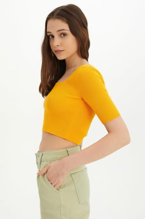 Sherin Kadın Sarı Kare Yaka Triko Crop SWK4384SR