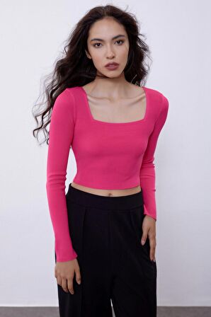 Fuşya Uzun Kollu Crop Triko Kazak SWK4500FU