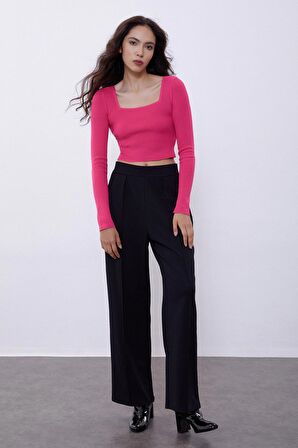Fuşya Uzun Kollu Crop Triko Kazak SWK4500FU
