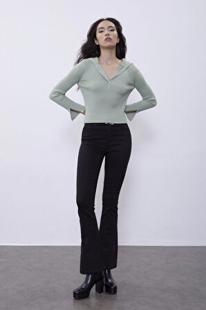 Mint Çıtçıtlı Kapüşonlu Triko Kazak SWK4319Mİ