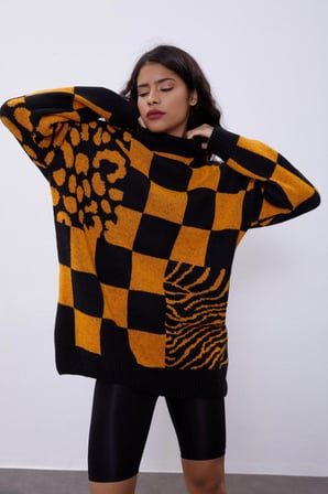 Oranj Desenli Oversize Triko Kazak SWK4441OR