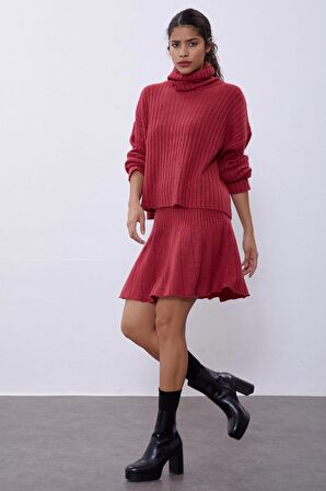 Bordo Fitilli Etek Kazak Triko Takım SWTK4264-65BO