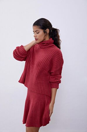 Bordo Fitilli Etek Kazak Triko Takım SWTK4264-65BO