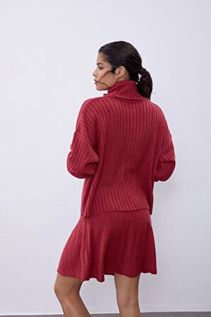 Bordo Fitilli Etek Kazak Triko Takım SWTK4264-65BO