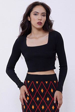 Siyah Uzun Kollu Crop Triko Kazak SWK4500Sİ