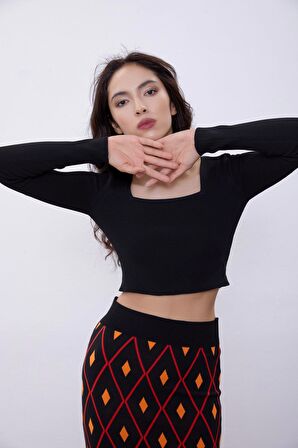 Siyah Uzun Kollu Crop Triko Kazak SWK4500Sİ