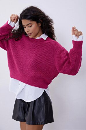 Magenta Düşük Omuzlu Triko Kazak SWK4496FU