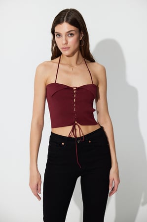 Bordo Brit Detaylı Triko Büstiyer SWA4642BO