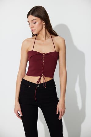 Bordo Brit Detaylı Triko Büstiyer SWA4642BO
