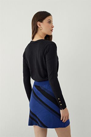 Saks Çizgili Mini Triko Etek