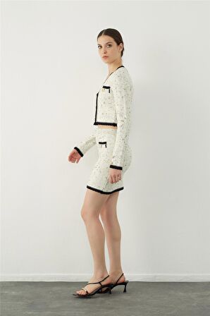 Siyah-Ekru Chanel Mini Triko Etek