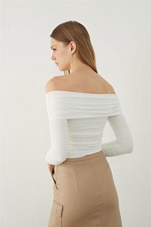 Ekru Büzgülü Triko Bluz