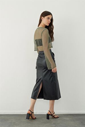 Siyah Deri Görünümlü Cep Detaylı Midi Etek