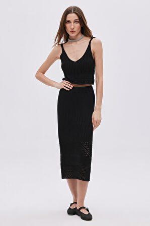 Siyah Ajurlu Midi Triko Etek