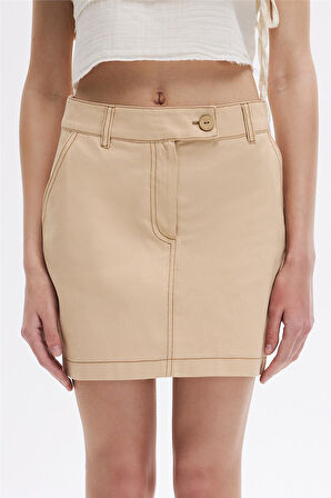 Kum Beji Kontrast Dikişli Mini Etek
