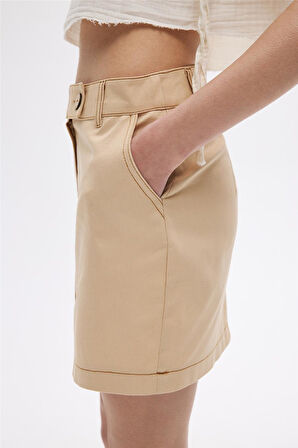 Kum Beji Kontrast Dikişli Mini Etek