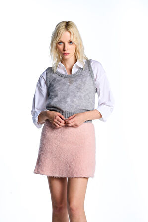 Pembe Volanlı Triko Etek