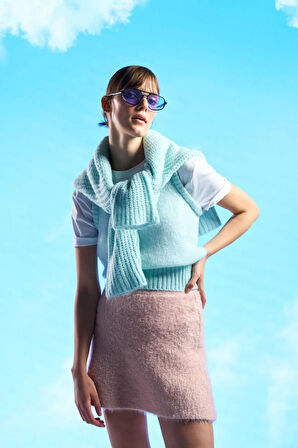 Pembe Volanlı Triko Etek