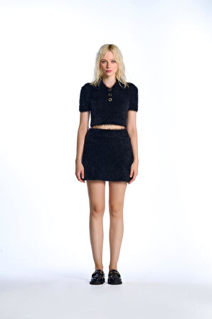 Siyah Volanlı Triko Etek