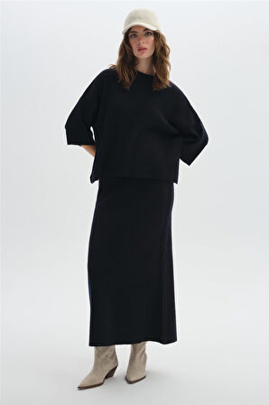 Lacivert Beli Lastikli Triko Etek