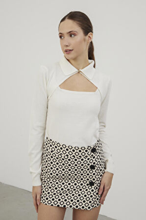 Sherin Kadın Ekru Polo Yaka Dekolteli Triko Atlet Takım SWTK4250EK