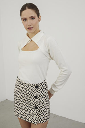 Sherin Kadın Ekru Polo Yaka Dekolteli Triko Atlet Takım SWTK4250EK