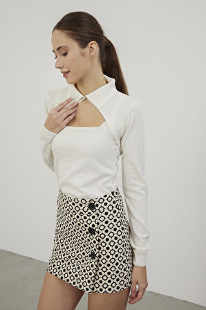 Sherin Kadın Ekru Polo Yaka Dekolteli Triko Atlet Takım SWTK4250EK