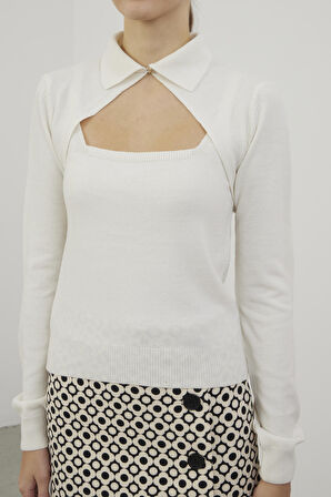 Sherin Kadın Ekru Polo Yaka Dekolteli Triko Atlet Takım SWTK4250EK