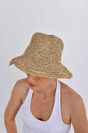 Kumtaşı Tonlu Dokuma Rafya Şapka