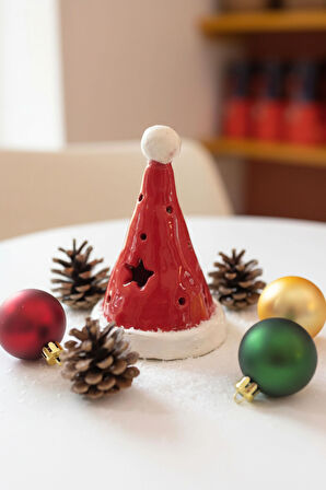 Noel Şapka Seramik Mumluk- Büyük