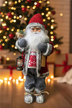 Kırmızı Şapkalı Gri Montlu Noel Baba – 30 cm
