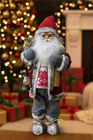 Kırmızı Şapkalı Gri Montlu Noel Baba – 30 cm